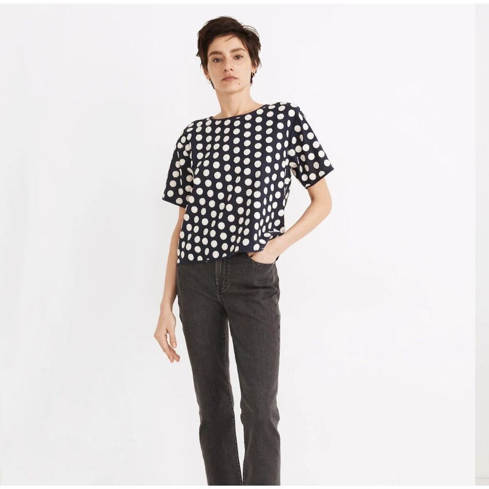 Madewell Women Textured Dot Top Blouse Navy Blue‎ Embroidered Boxy Cotton Medium